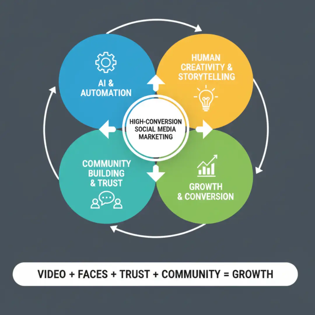 Infographic showing the core pillars of effective social media marketing.