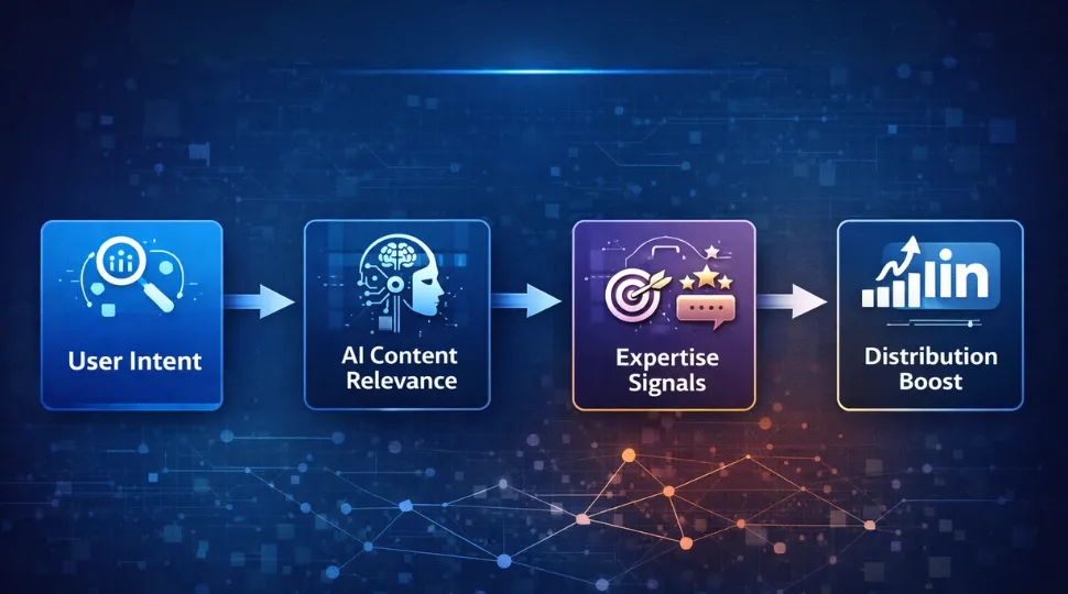 LinkedIn algorithm flow chart in digital marketing in 2026 showing AI-driven content distribution