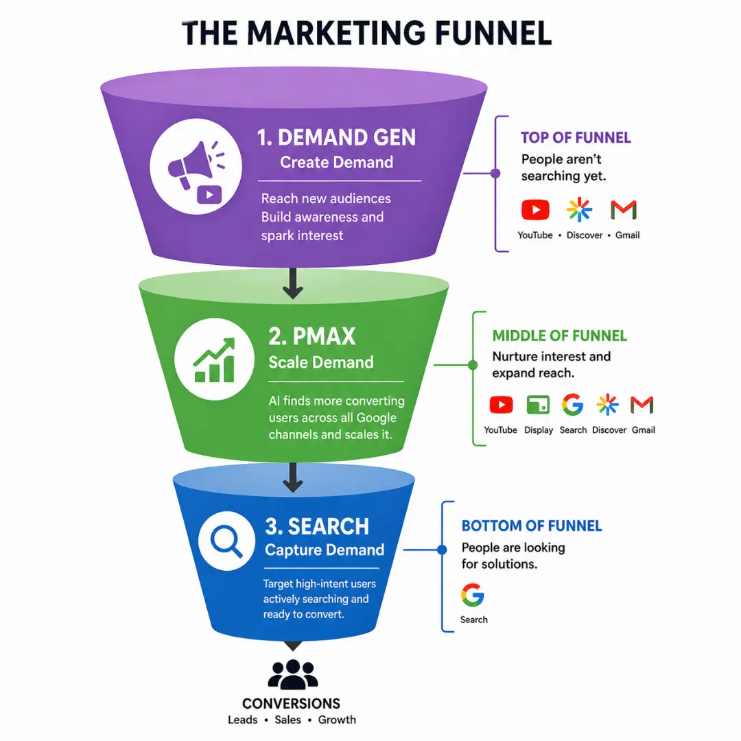 Search vs Performance Max vs Demand Gen Guide