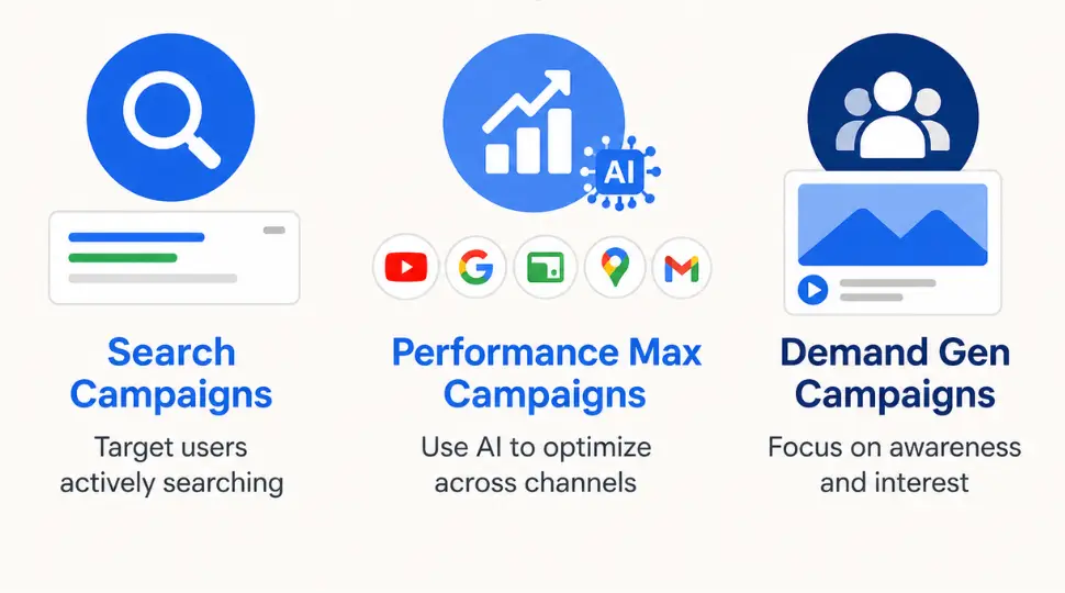 Search vs Performance Max vs Demand Gen Guide